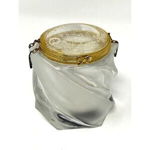 Frosted Crystal Gold Trimmed Hinged Dresser Trinket Box Musical Notes Signed KF